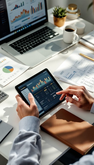 Financial charts, planning data, and strategy on workspace laptop